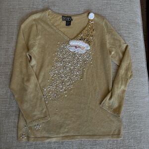 Berek Women's Vintage Christmas Santa Yellow Beaded V-Neck Sweater Sz S